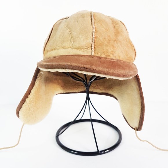 Vintage Brown Shearling Sheepskin Leather Trapper Earflap Hat - Picture 8 of 9